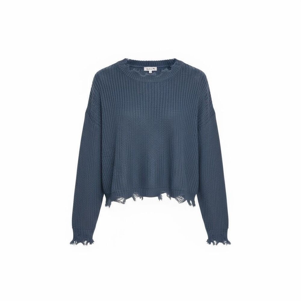 Madrag‎ Distressed Ribbed Knit Dolman Long Sleeve Pullover Sweater Blue Large